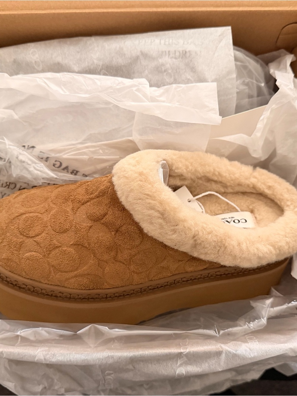 Coach Tan Suede Shearling-Trim Mule Slippers - Picture 3 of 3